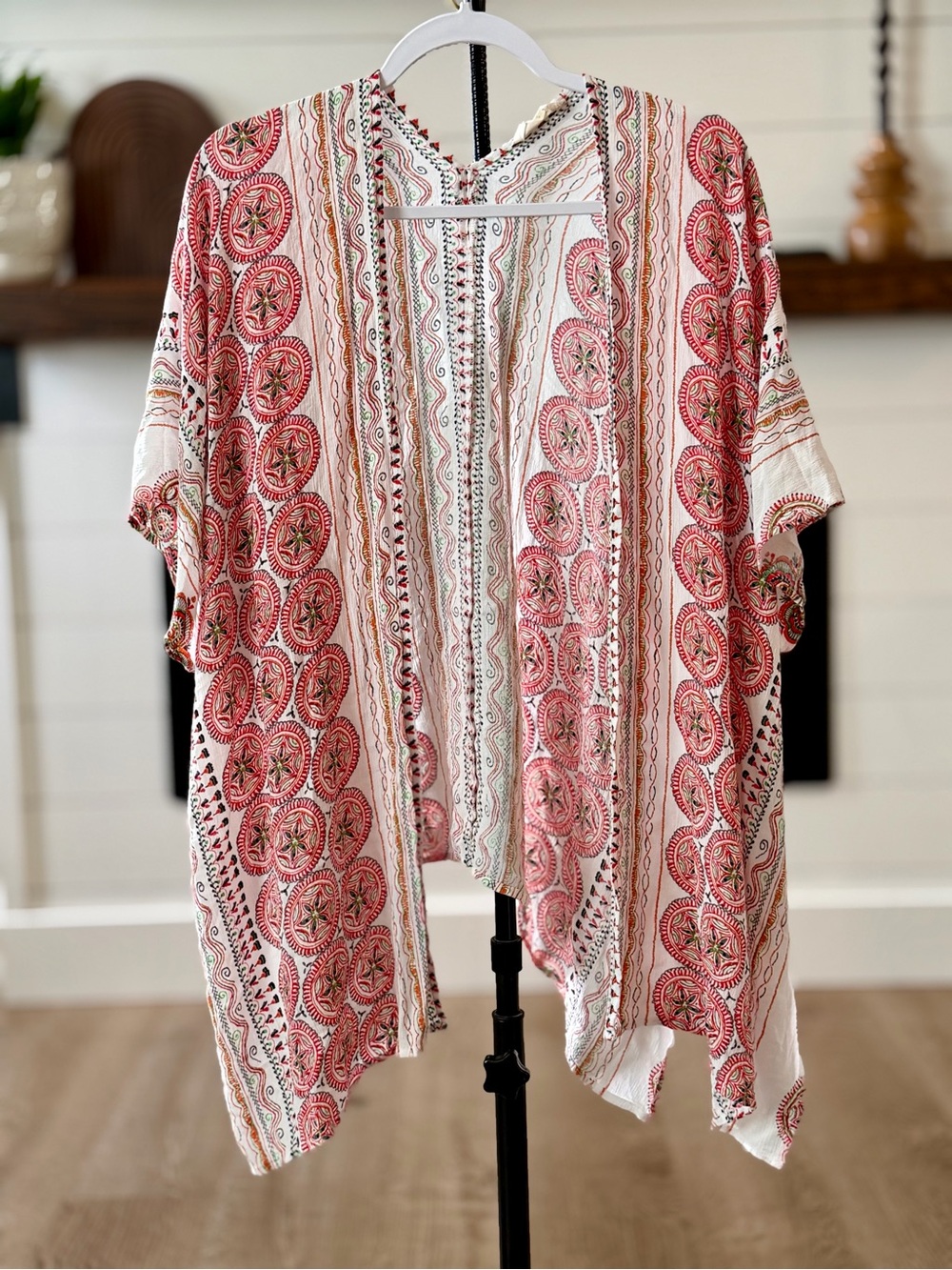 Altar'd State White and Pink Boho Open-Front Kimono